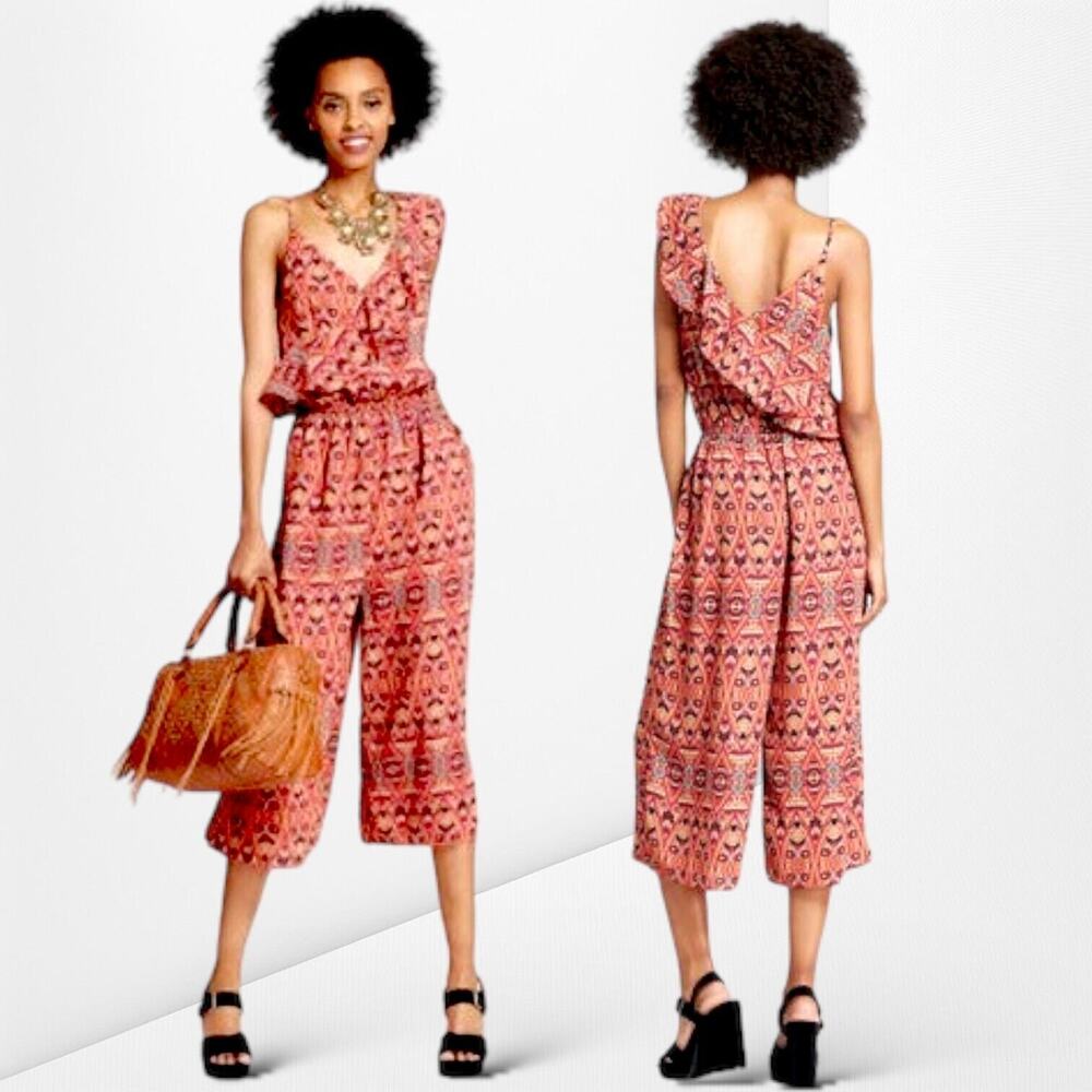 XHILIRATION Ruffle Trim One Shoulder Jumpsuit Romper Geometric Small Orange Red